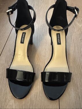 Nine West Black Patent Ankle-Strap Block Heels